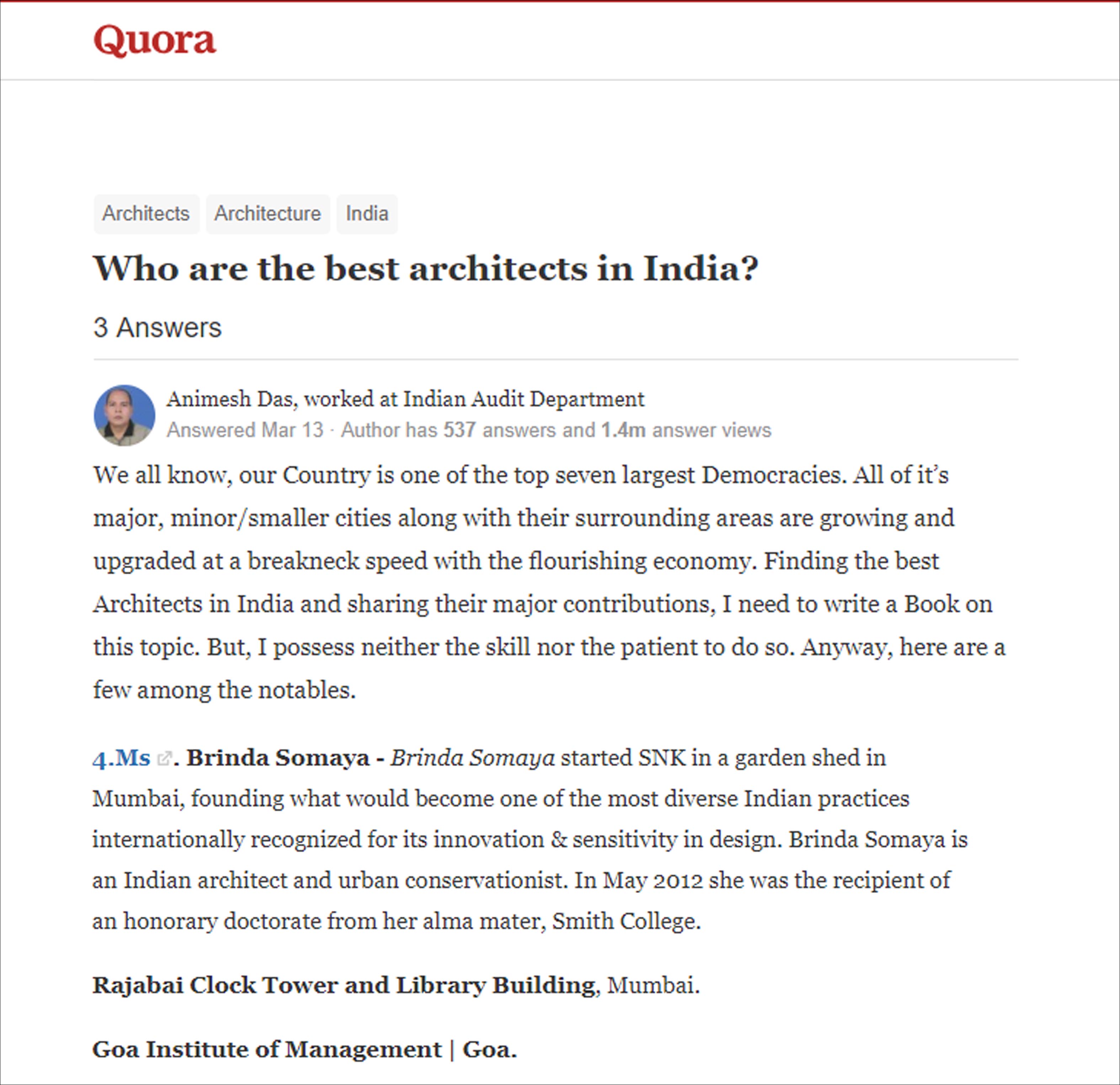 Who are the best architects in India, Quora - March 2018